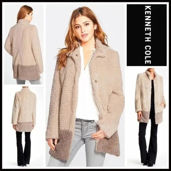 Kenneth Cole Women's Full-Snap Faux Fur Teddy Coat Size XL Color Block Tan Brown - Picture 1 of 8